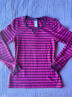 Patagonia Organic Cotton Long Sleeve Striped Tee in Hot Pink & Burgundy